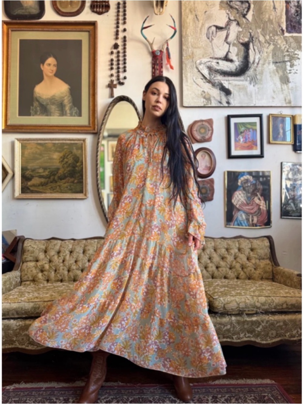 VICI Boho Floral Maxi Dress in Peach & Sage with Slip